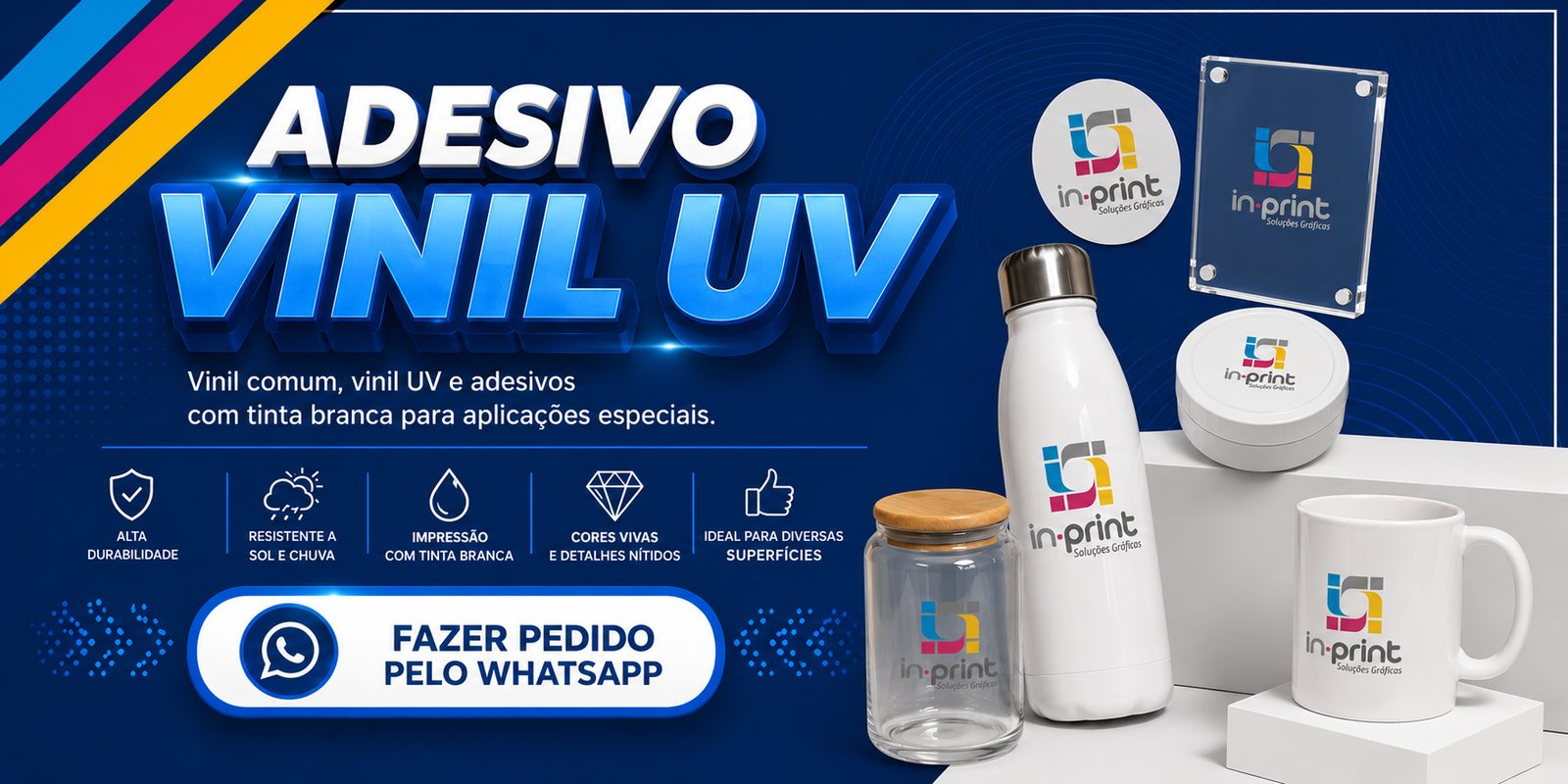 Adesivo vinil UV — vinil comum, vinil UV e tinta branca para aplicações especiais
