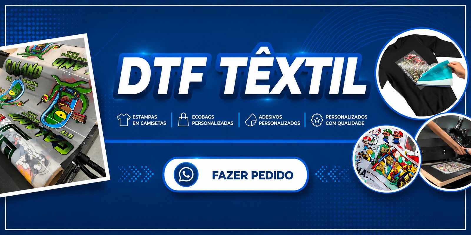 DTF têxtil — estampas em camisetas, ecobags e adesivos personalizados