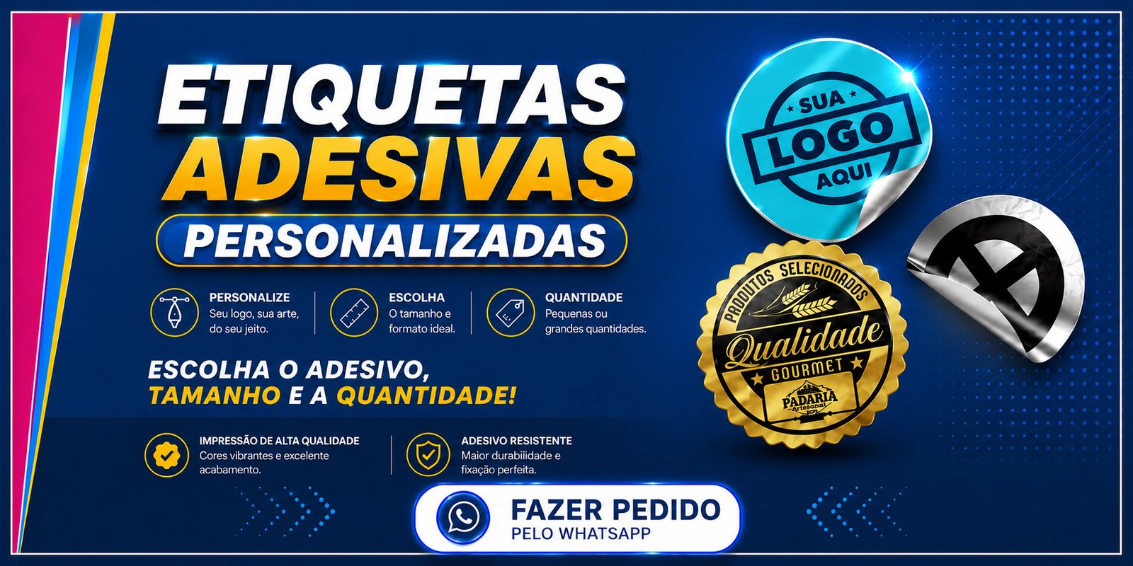 Etiquetas adesivas personalizadas — escolha adesivo, tamanho e quantidade