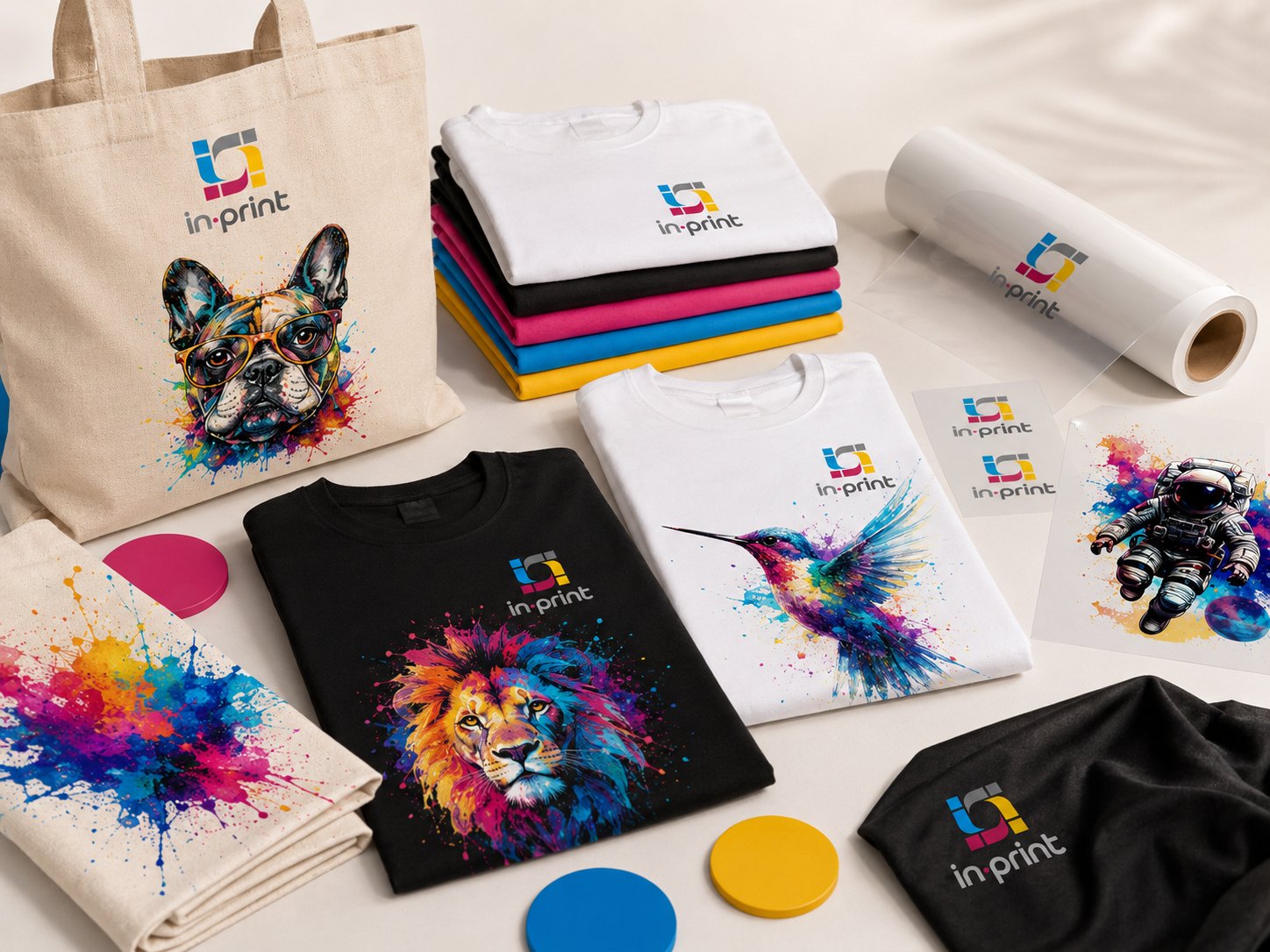 Camisetas, ecobags e tecidos personalizados com DTF Têxtil e a marca in-print