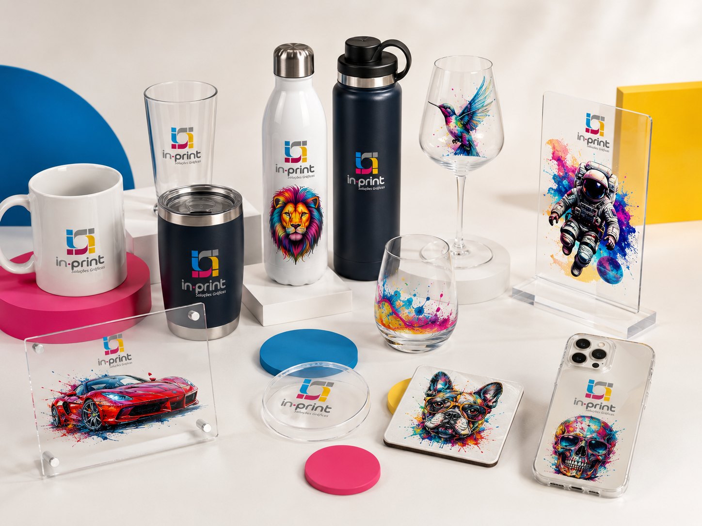 Produtos personalizados com DTF UV — canecas, garrafas, taças e acrílicos com a marca in-print