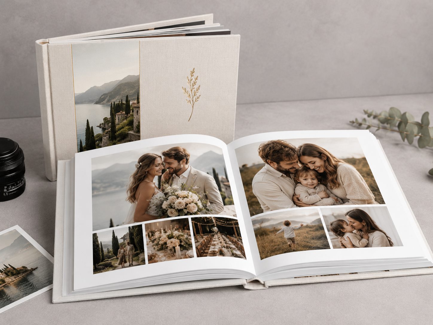 Foto livro personalizado aberto com álbum de fotos impresso