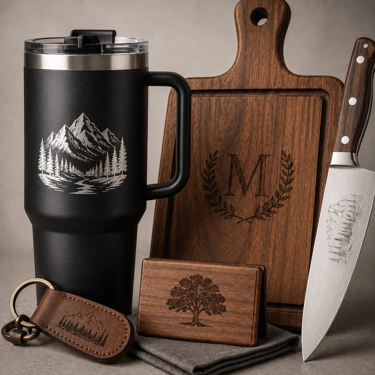 Produtos personalizados com gravação a laser em madeira, metal e couro